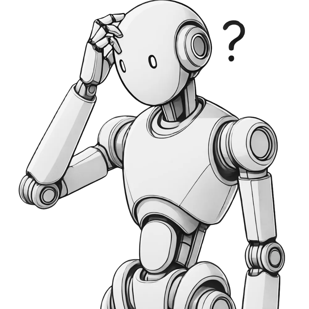 A robot scratching its head next to a large question mark